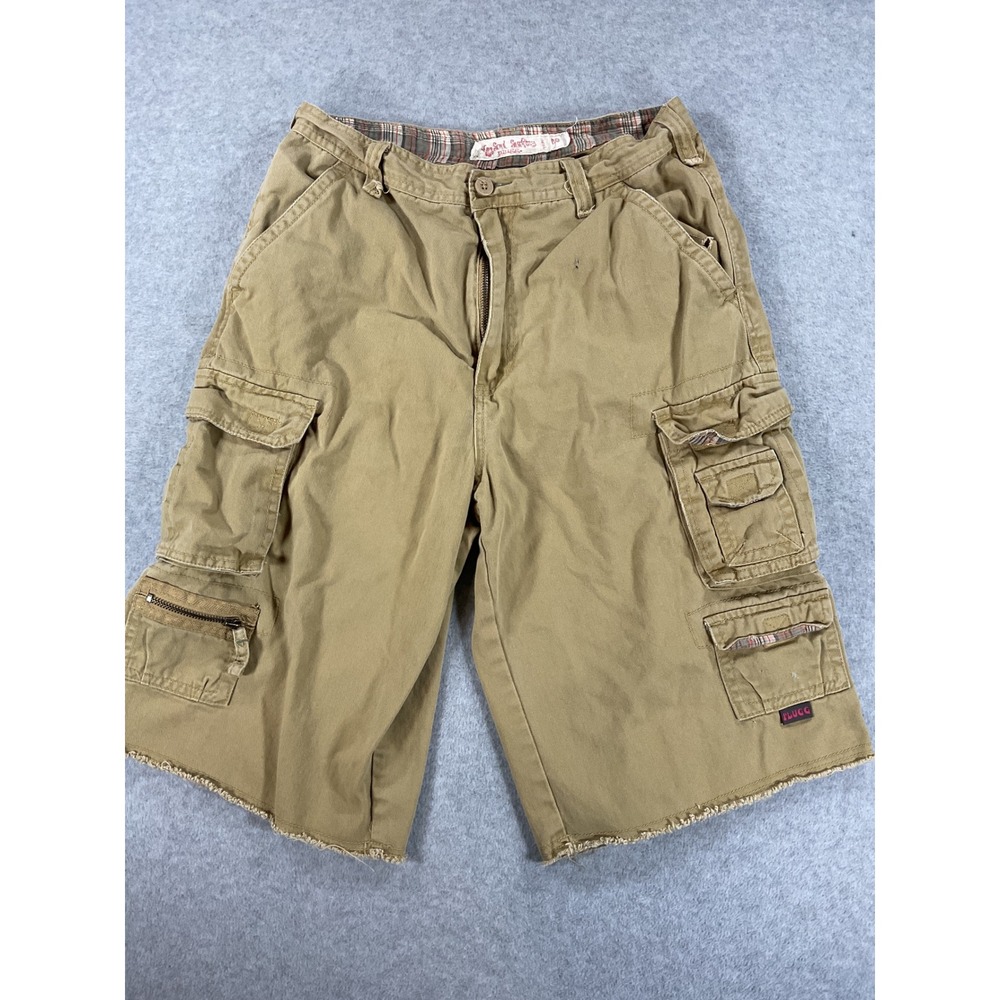 Soul Surfing by Plugg Mens Khaki Cargo Shorts Tan Plaid Trim Raw Hem 30 2484